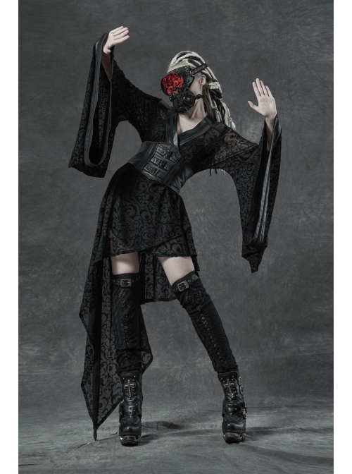 V-Neck Leather Belt Flare Sleeve Embroidery Cuff Asymmetrical Ham Black Gothic Flocking Net Dress