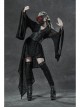 V-Neck Leather Belt Flare Sleeve Embroidery Cuff Asymmetrical Ham Black Gothic Flocking Net Dress