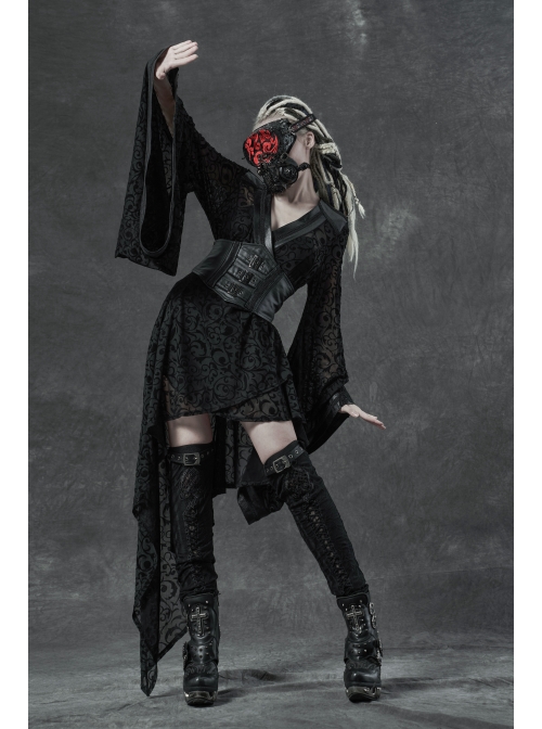 V-Neck Leather Belt Flare Sleeve Embroidery Cuff Asymmetrical Ham Black Gothic Flocking Net Dress