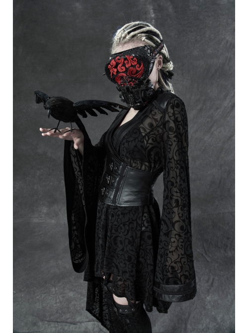 V-Neck Leather Belt Flare Sleeve Embroidery Cuff Asymmetrical Ham Black Gothic Flocking Net Dress