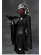 V-Neck Leather Belt Flare Sleeve Embroidery Cuff Asymmetrical Ham Black Gothic Flocking Net Dress