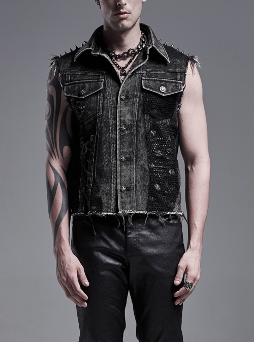 Shoulder Metal Rivet Front Embroidery Patch Lace-Up Black Punk Burrs Twill Denim Vest