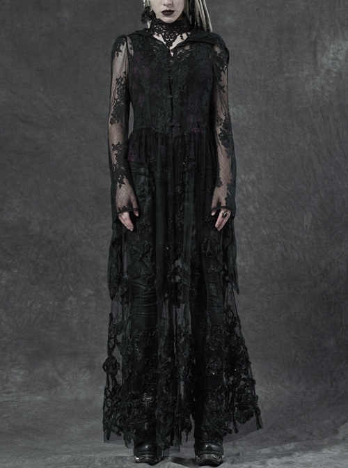Black Gothic Bat Sleeve Back Waist Lace-Up Bead Piece Embroidery Hem Lace Long Dress