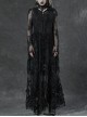 Black Gothic Bat Sleeve Back Waist Lace-Up Bead Piece Embroidery Hem Lace Long Dress