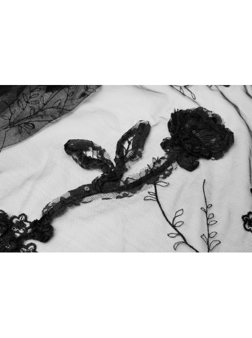 Black Gothic Bat Sleeve Back Waist Lace-Up Bead Piece Embroidery Hem Lace Long Dress