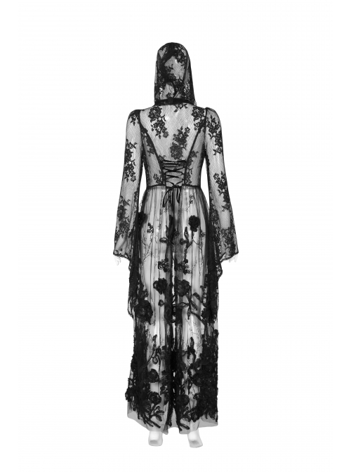 Black Gothic Bat Sleeve Back Waist Lace-Up Bead Piece Embroidery Hem Lace Long Dress