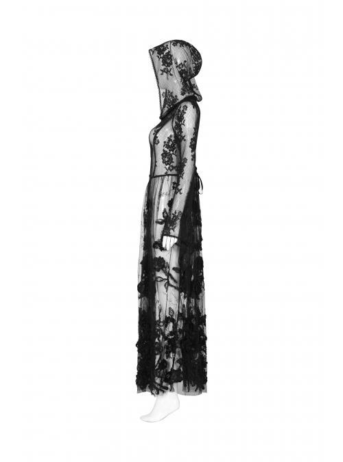 Black Gothic Bat Sleeve Back Waist Lace-Up Bead Piece Embroidery Hem Lace Long Dress