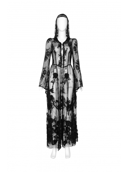 Black Gothic Bat Sleeve Back Waist Lace-Up Bead Piece Embroidery Hem Lace Long Dress