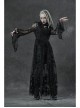 Black Gothic Bat Sleeve Back Waist Lace-Up Bead Piece Embroidery Hem Lace Long Dress