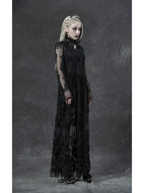 Black Gothic Bat Sleeve Back Waist Lace-Up Bead Piece Embroidery Hem Lace Long Dress