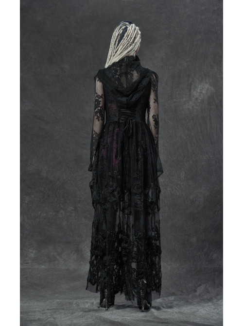 Black Gothic Bat Sleeve Back Waist Lace-Up Bead Piece Embroidery Hem Lace Long Dress