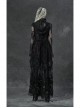 Black Gothic Bat Sleeve Back Waist Lace-Up Bead Piece Embroidery Hem Lace Long Dress