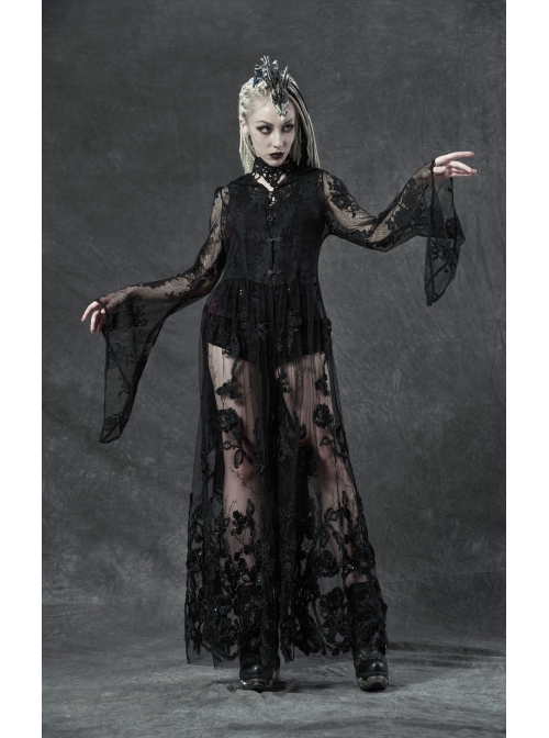 Black Gothic Bat Sleeve Back Waist Lace-Up Bead Piece Embroidery Hem Lace Long Dress