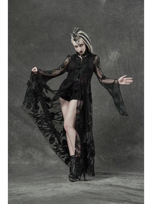 Black Gothic Bat Sleeve Back Waist Lace-Up Bead Piece Embroidery Hem Lace  Long Dress - Magic Wardrobes