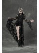 Black Gothic Bat Sleeve Back Waist Lace-Up Bead Piece Embroidery Hem Lace Long Dress
