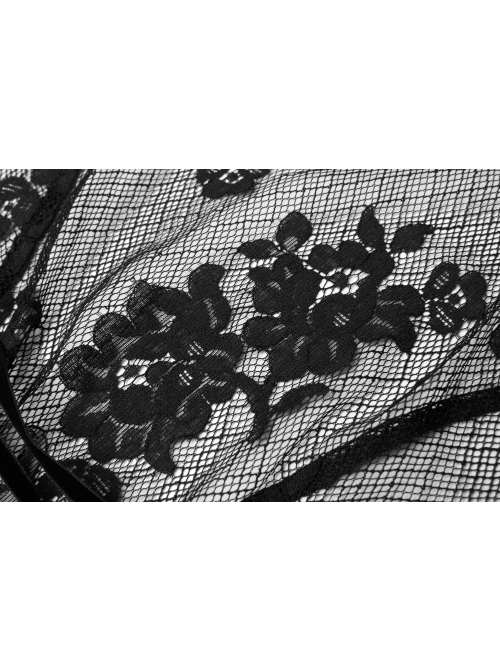 Black Gothic Bat Sleeve Back Waist Lace-Up Bead Piece Embroidery Hem Lace Long Dress