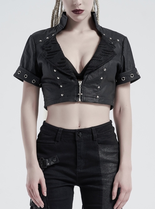 Stand-Up Collar Meat Rivet Decoration Black Punk Short Little Jacket