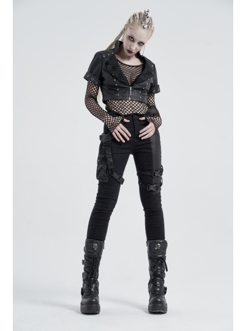 Stand-Up Collar Meat Rivet Decoration Black Punk Short Little Jacket