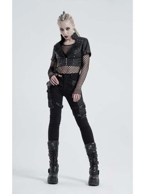 Stand-Up Collar Meat Rivet Decoration Black Punk Short Little Jacket