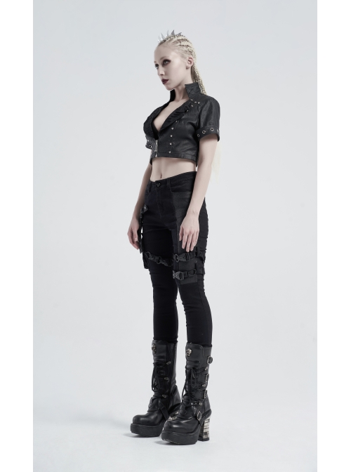 Stand-Up Collar Meat Rivet Decoration Black Punk Short Little Jacket