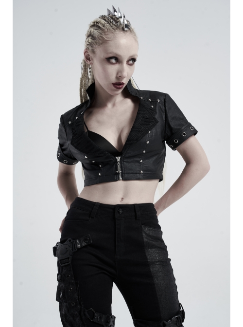 Stand-Up Collar Meat Rivet Decoration Black Punk Short Little Jacket