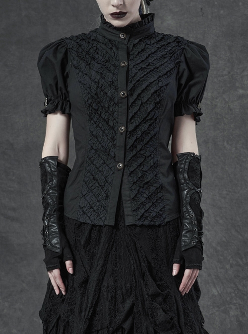 High Collar Front Little Flounces Pleated Metal Retro Button Bubble Sleeve Back Waist Lace-Up Black Punk Blouse