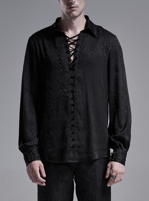 Black Front Metal Eyelets Lace-Up Long Sleeve Metal Carving Buckle Cuff Gothic Jacquard Shirt