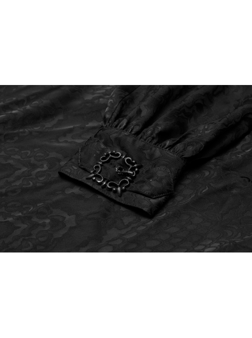 Black Front Metal Eyelets Lace-Up Long Sleeve Metal Carving Buckle Cuff Gothic Jacquard Shirt