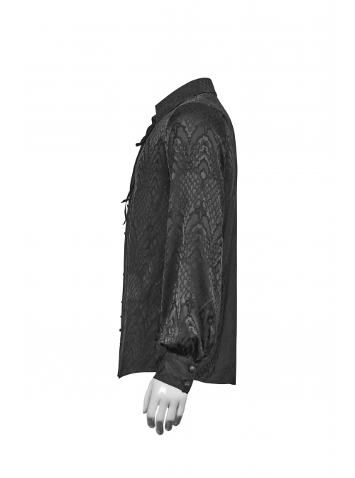 Black Front Metal Eyelets Lace-Up Long Sleeve Metal Carving Buckle Cuff Gothic Jacquard Shirt