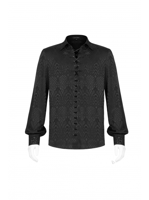 Black Front Metal Eyelets Lace-Up Long Sleeve Metal Carving Buckle Cuff Gothic Jacquard Shirt