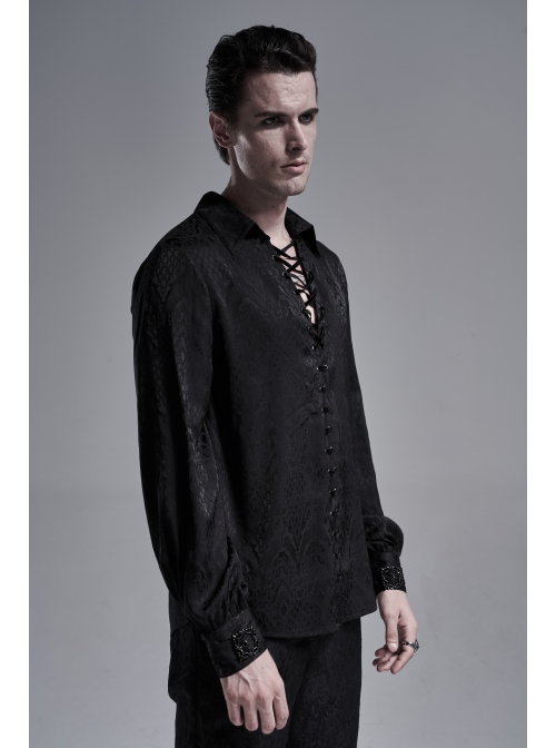 Black Front Metal Eyelets Lace-Up Long Sleeve Metal Carving Buckle Cuff Gothic Jacquard Shirt