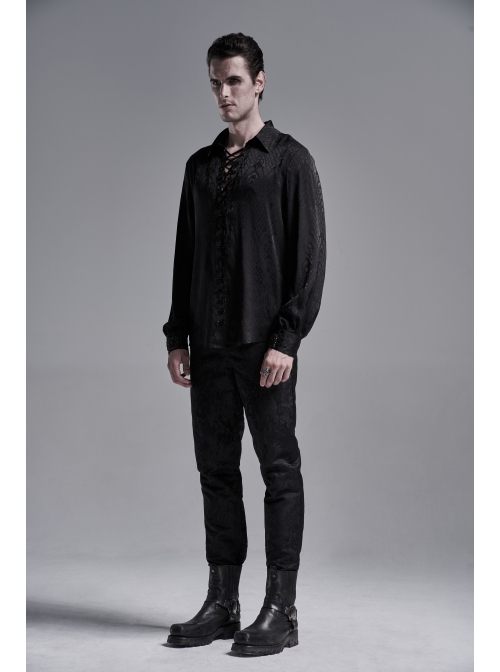Black Front Metal Eyelets Lace-Up Long Sleeve Metal Carving Buckle Cuff Gothic Jacquard Shirt