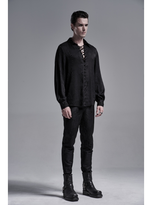 Black Front Metal Eyelets Lace-Up Long Sleeve Metal Carving Buckle Cuff Gothic Jacquard Shirt