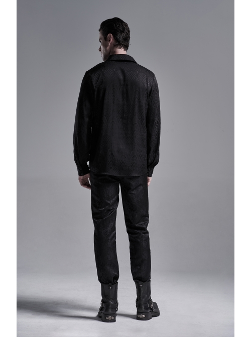 Black Front Metal Eyelets Lace-Up Long Sleeve Metal Carving Buckle Cuff Gothic Jacquard Shirt