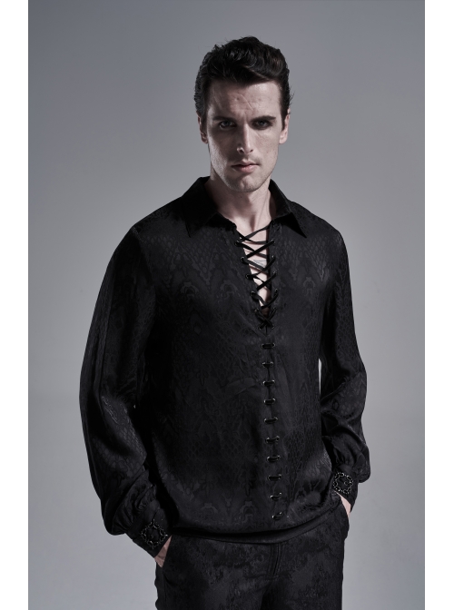 Black Front Metal Eyelets Lace-Up Long Sleeve Metal Carving Buckle Cuff Gothic Jacquard Shirt