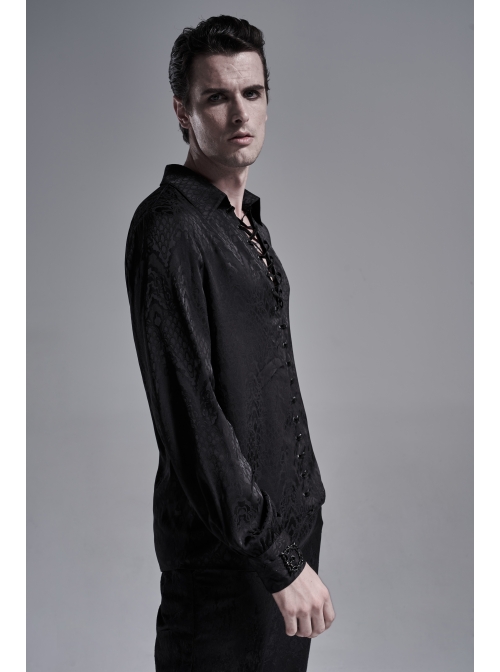 Black Front Metal Eyelets Lace-Up Long Sleeve Metal Carving Buckle Cuff Gothic Jacquard Shirt