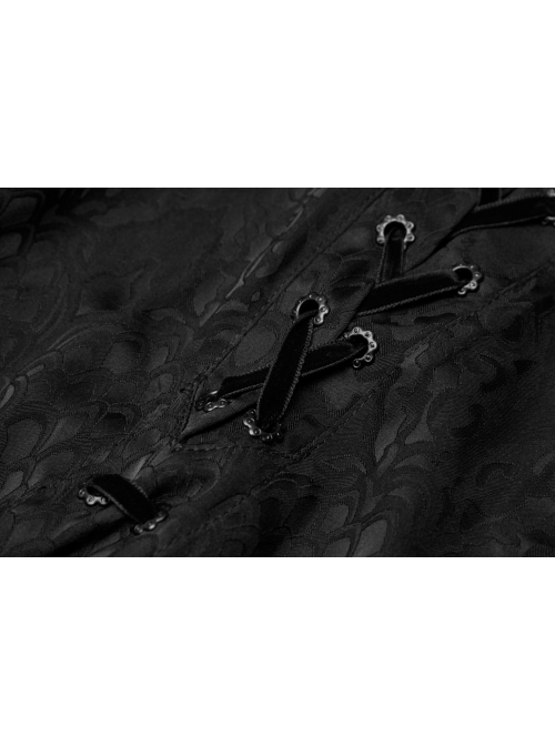 Black Front Metal Eyelets Lace-Up Long Sleeve Metal Carving Buckle Cuff Gothic Jacquard Shirt