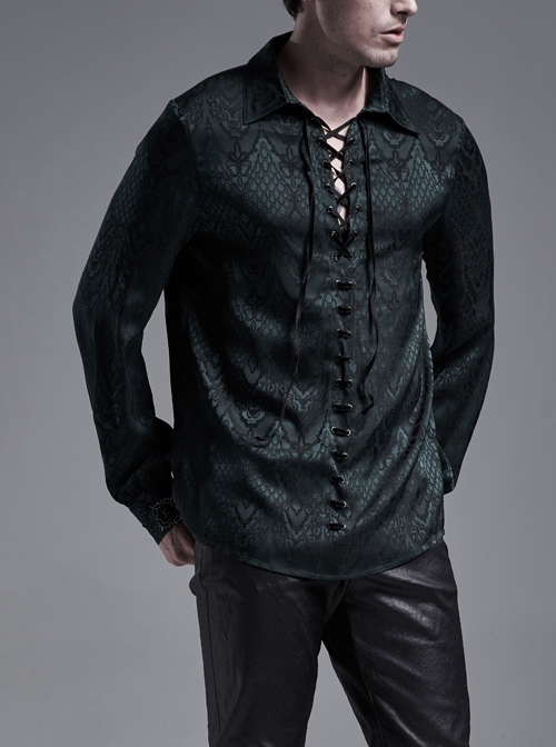 Blackish Green Front Metal Eyelets Lace-Up Long Sleeve Metal Carving Buckle Cuff Gothic Jacquard Shirt