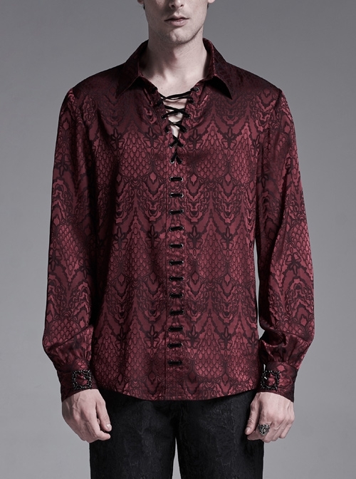 Wine Red Front Metal Eyelets Lace-Up Long Sleeve Metal Carving Buckle Cuff Gothic Jacquard Shirt