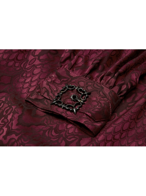 Wine Red Front Metal Eyelets Lace-Up Long Sleeve Metal Carving Buckle Cuff Gothic Jacquard Shirt