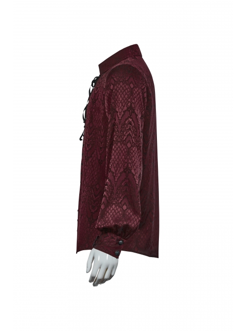 Wine Red Front Metal Eyelets Lace-Up Long Sleeve Metal Carving Buckle Cuff Gothic Jacquard Shirt