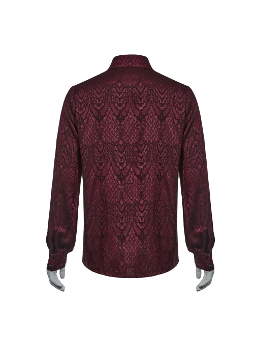 Wine Red Front Metal Eyelets Lace-Up Long Sleeve Metal Carving Buckle Cuff Gothic Jacquard Shirt