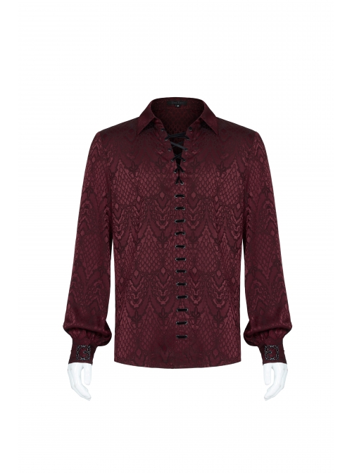 Wine Red Front Metal Eyelets Lace-Up Long Sleeve Metal Carving Buckle Cuff Gothic Jacquard Shirt
