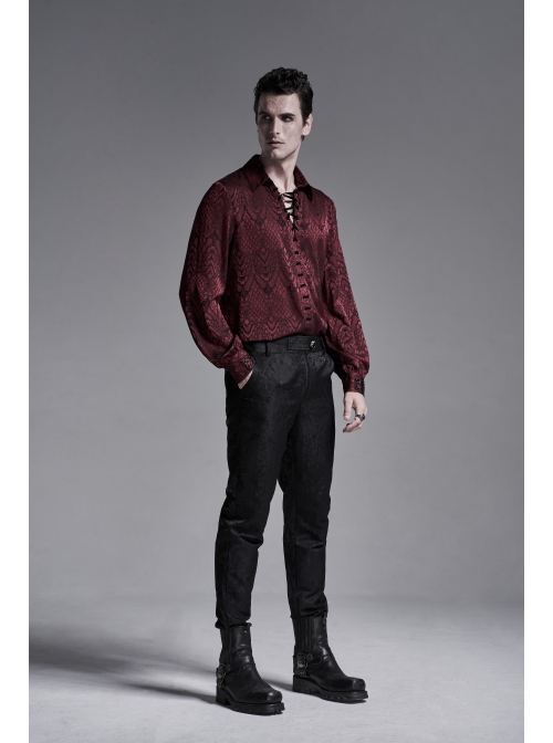 Wine Red Front Metal Eyelets Lace-Up Long Sleeve Metal Carving Buckle Cuff Gothic Jacquard Shirt