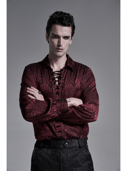 Wine Red Front Metal Eyelets Lace-Up Long Sleeve Metal Carving Buckle Cuff Gothic Jacquard Shirt