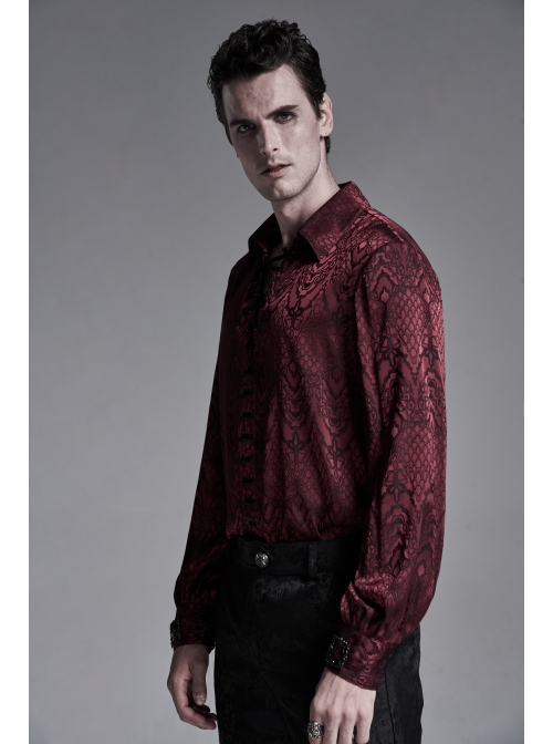 Wine Red Front Metal Eyelets Lace-Up Long Sleeve Metal Carving Buckle Cuff Gothic Jacquard Shirt