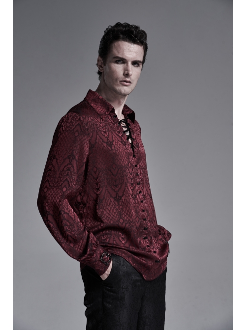 Wine Red Front Metal Eyelets Lace-Up Long Sleeve Metal Carving Buckle Cuff Gothic Jacquard Shirt
