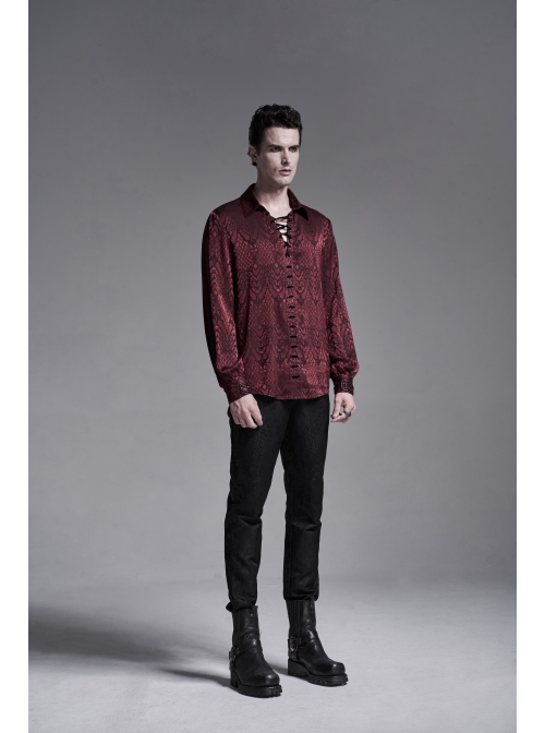 Wine Red Front Metal Eyelets Lace-Up Long Sleeve Metal Carving Buckle Cuff Gothic Jacquard Shirt