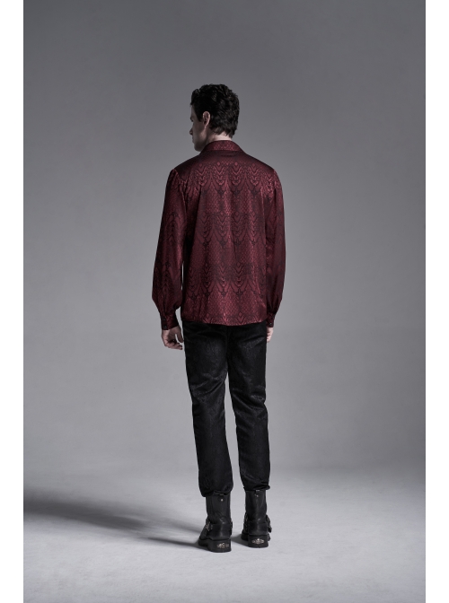 Wine Red Front Metal Eyelets Lace-Up Long Sleeve Metal Carving Buckle Cuff Gothic Jacquard Shirt