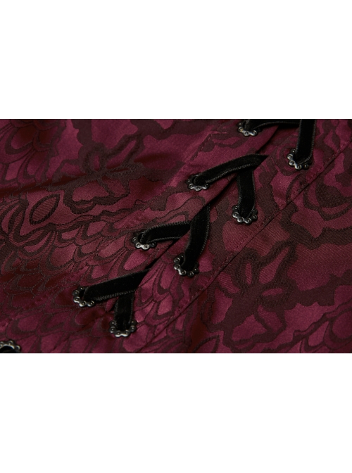 Wine Red Front Metal Eyelets Lace-Up Long Sleeve Metal Carving Buckle Cuff Gothic Jacquard Shirt